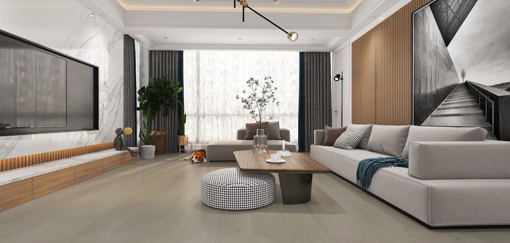 Bright living room with elegant soft-toned flooring