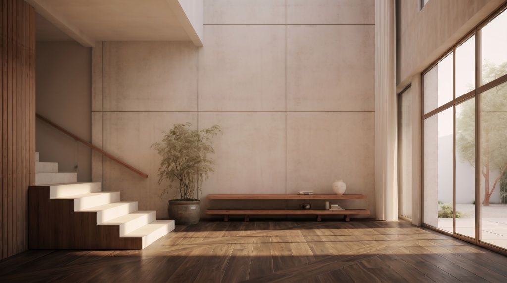 Open-plan room with natural wood flooring and white kitchen